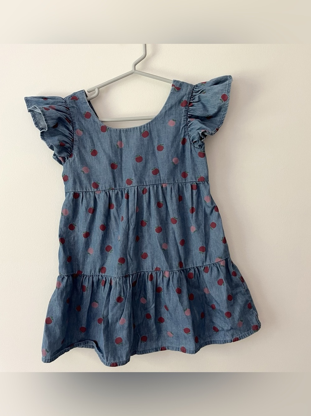 Girls Baby GAP Ruffle Sleeve Tiered Dress Chambray Apples 3T School Fall